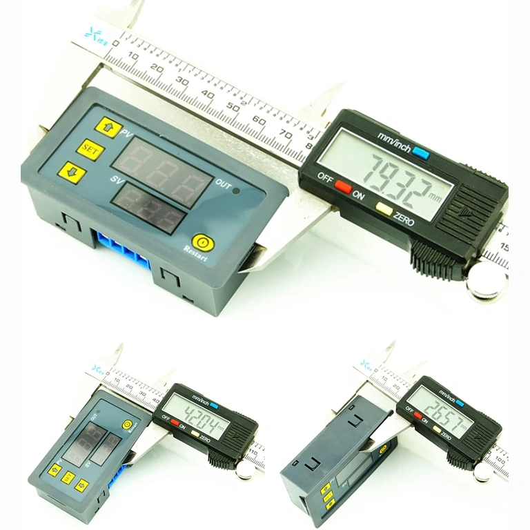 Digitālā releja izmēri – priekšpuses skats Priekšējais skats uz moduli ar izmēriem