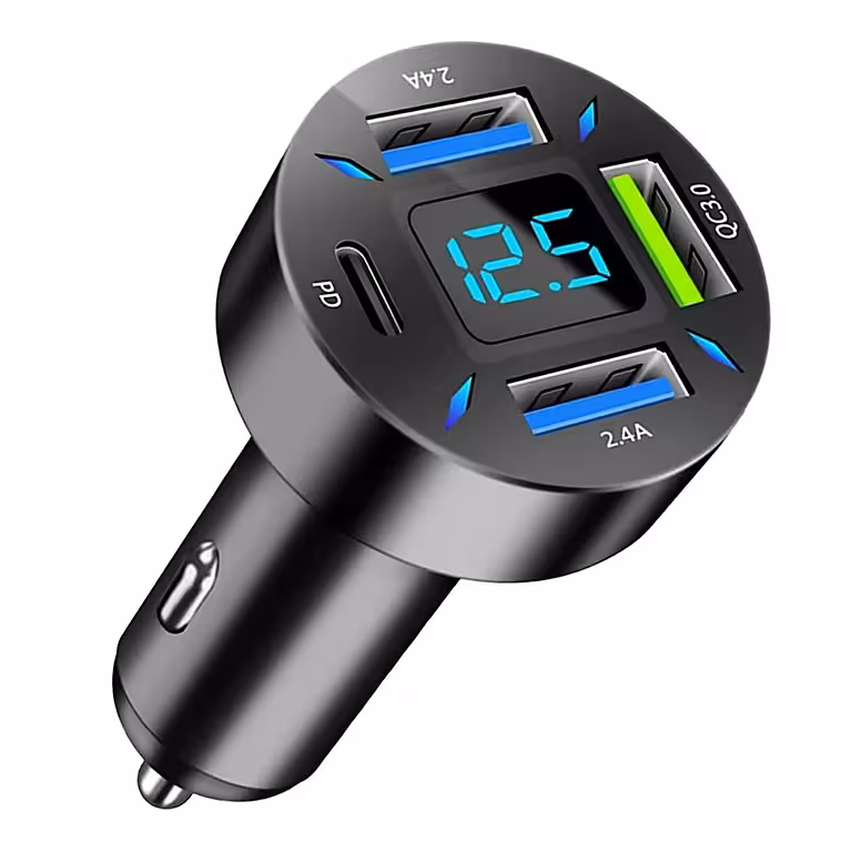 Auto lādētājs ar digitālo voltmetru, USB Type-C PD un Quick Charge 3.0 – Ātra uzlāde 12-24V pie piepīpētāja