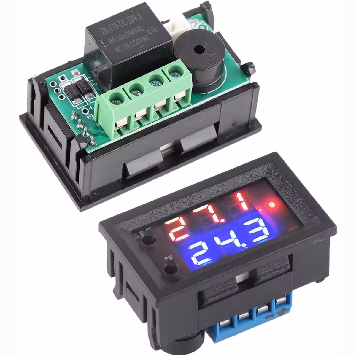 Termostata priekšpuse un aizmugure ar displeju un spailēm