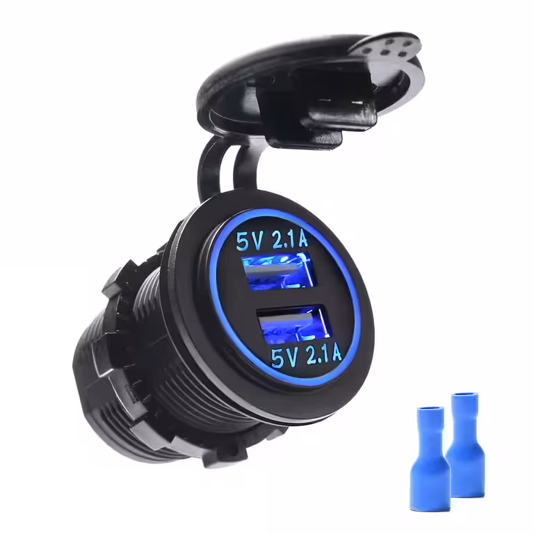 Auto piepīpētāja ligzda ar dubulto USB 12V/24V – Paneļa lādētājs 2×2.1A ar LED un aizsardzību