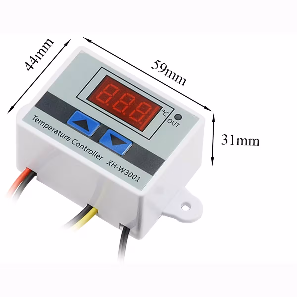 Attēls ar precīzām XH-W3001 dimensijām: garums, platums un biezums