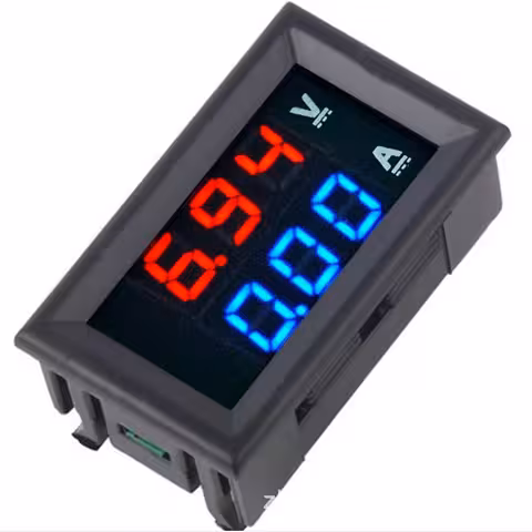 Digitālais voltampērmetrs 0–100V 0–10A – LED voltmetrs un ampermetrs sarkan-zils