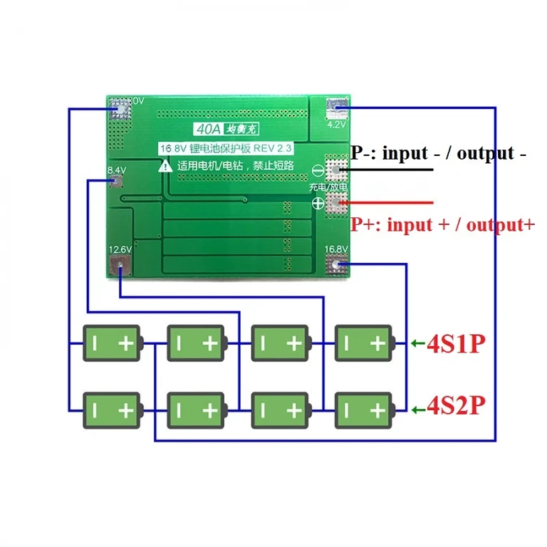 BMS 4S 40A moduļa uzstādīšanas elektriskā shēma Li-ion baterijām