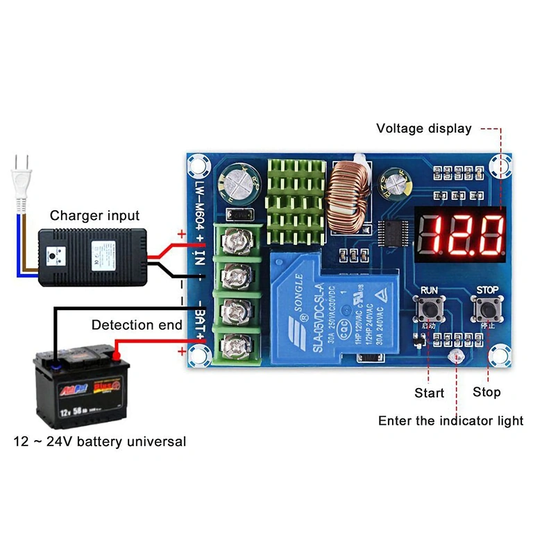 XH-M604 moduļa montāžas skice XH-M604 moduļu savienojuma diagramma ar baterijām un saules paneļiem