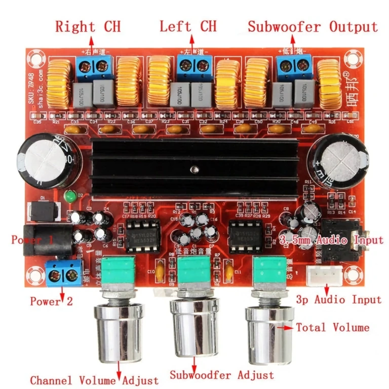 XH-M139 montāžas shēma Stereo pastiprinātāja plates uzstādīšanas diagramma ar subwoofer
