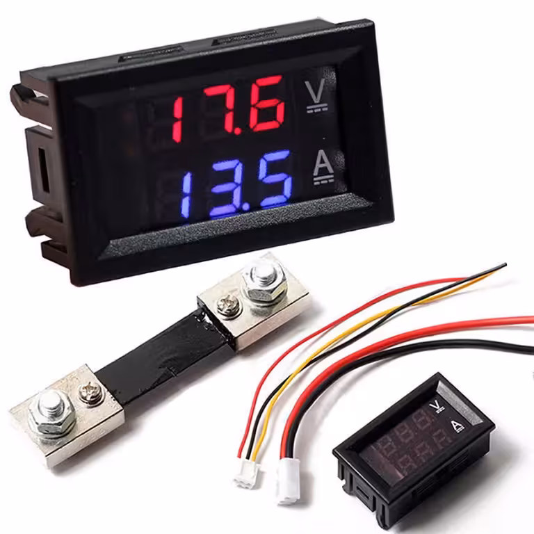 Digitālais voltampērmetrs 0–100V 100A ar iekļautu šuntu – LED displejs DC strāvas mērīšanai auto panelī
