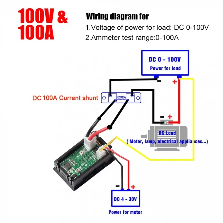 Voltmetra/ampērmetra montāžas shēma barošanai līdz 100V DC Savienojumu diagramma lielam spriegumam (līdz 100V) digitālajam voltmetram