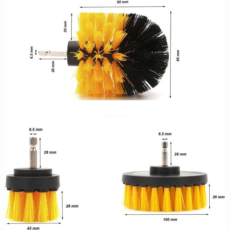 Attēls ar 3 birstēm un to izmēriem: 12cm, 8.5cm, 5cm