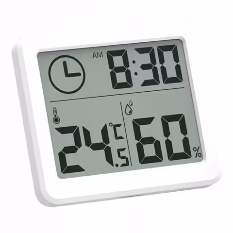 Balts, plāns digitālais higrometrs ar temperatūras sensoru
