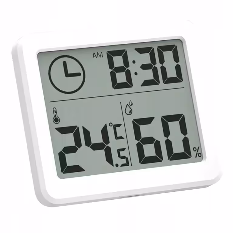 Balts, plāns digitālais higrometrs ar temperatūras sensoru