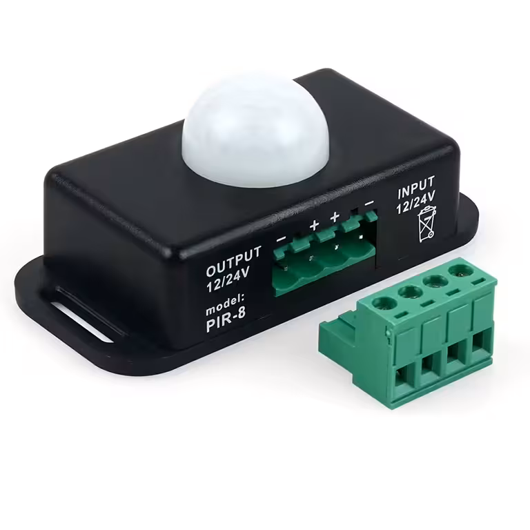 PIR kustības sensors 12V–24V 6A – klātbūtnes slēdzis ar elektrisko shēmu