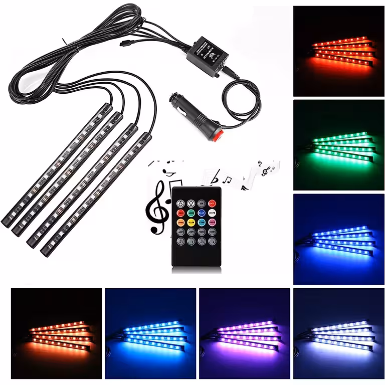 Auto interjera LED apgaismojuma komplekts – RGB lente ar skaņas sensoru