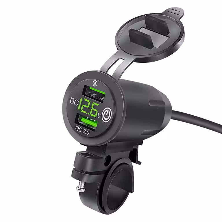 USB lādētājs telefoniem ar voltmetru, QC 3.0 – motocikla kontaktligzda, ātra uzlāde
