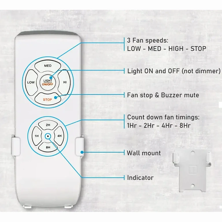 Tālvadības tuvums ar pogām ātruma, gaismas un taimeru regulēšanai.
