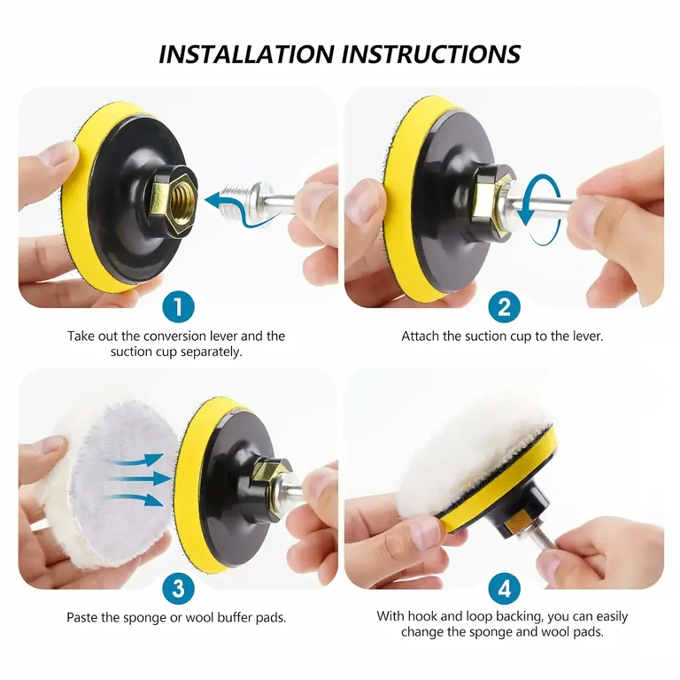 Attēls ar pareizi uzstādītiem pulēšanas sūkļiem uz urbjmašīnas ar adapteri.
