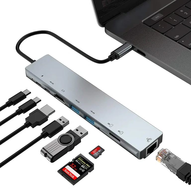 USB-C adapteris ar HDMI, RJ45, USB un karšu lasītāju klēpjdatoriem