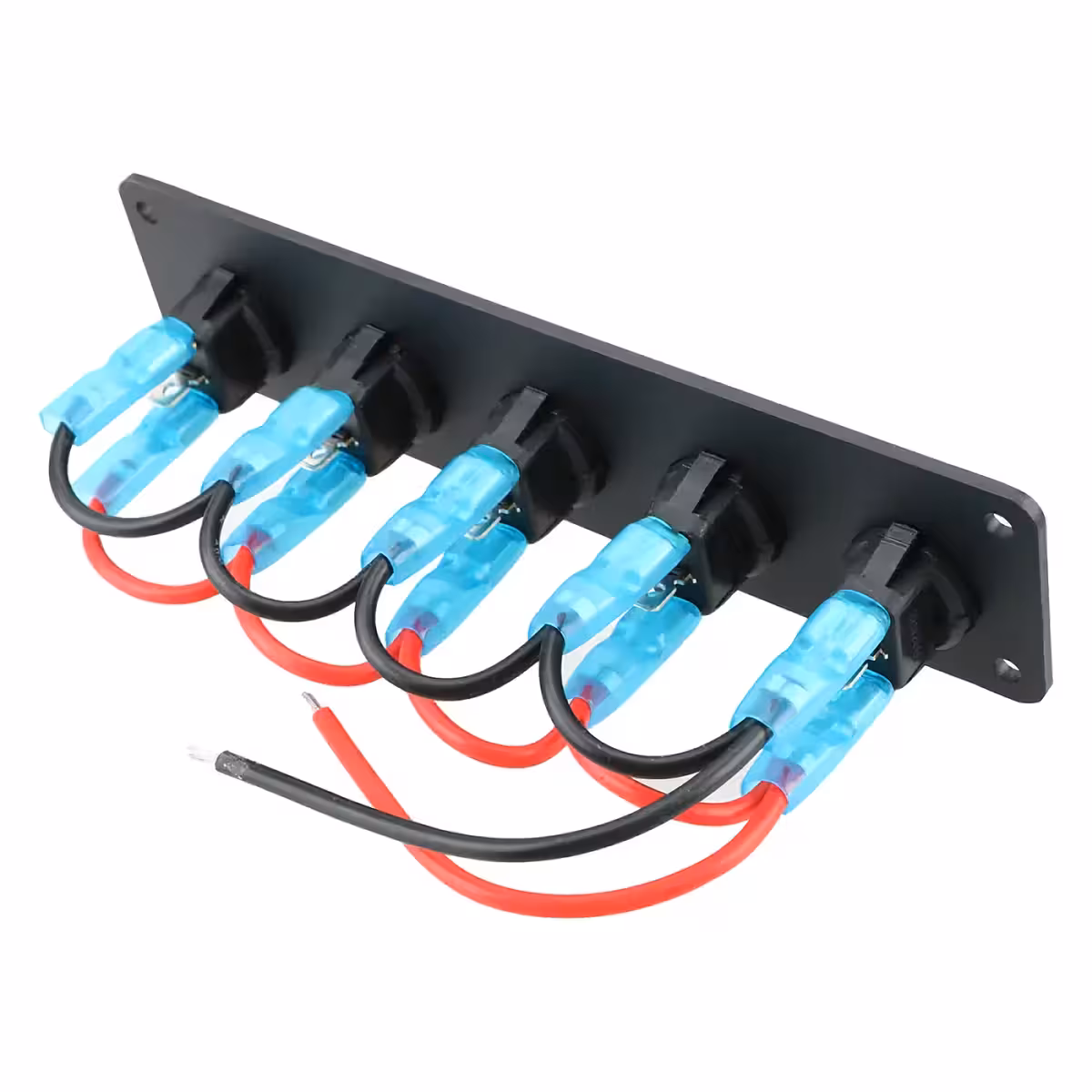 Aizmugure ar 5 pogām, redzami savienojumi un vadi