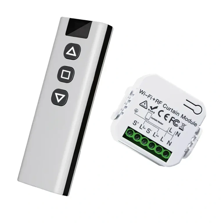 Detalizēts attēls ar viedo tālvadības pulti aizkariem, rullo vai žalūzijām