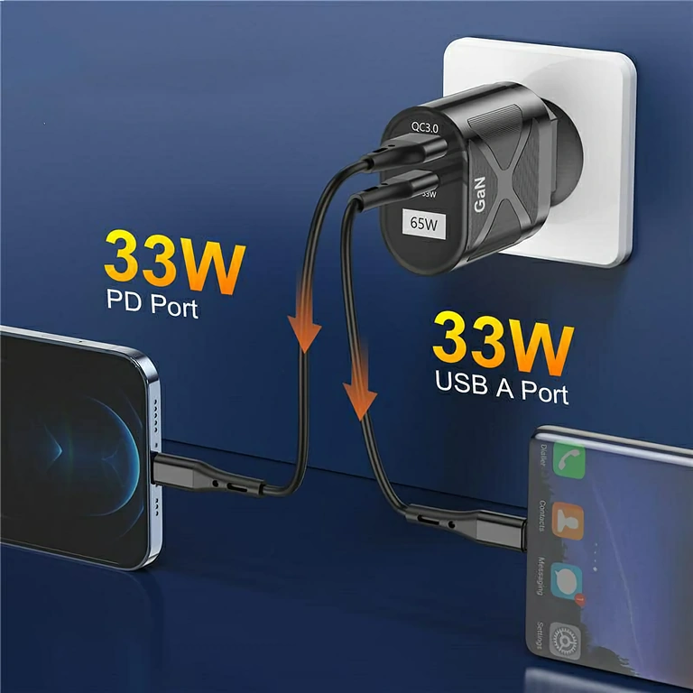 Kompakts lādētājs ar diviem portiem Kompakts GaN lādētājs ar USB-C un USB-A portu, ideāls ceļojumiem