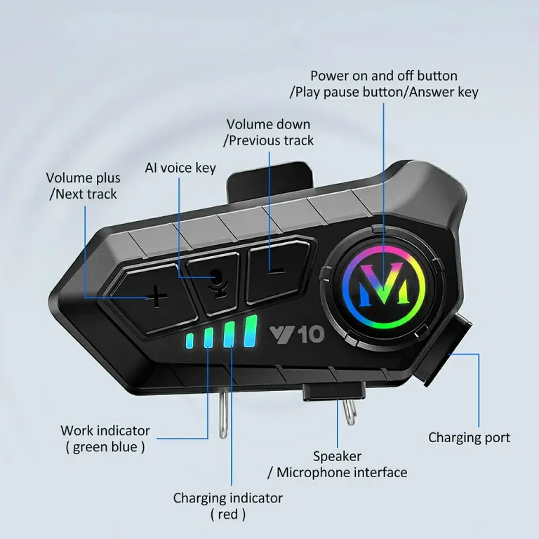 Poga balss palīga aktivēšanai motociklu interkomā