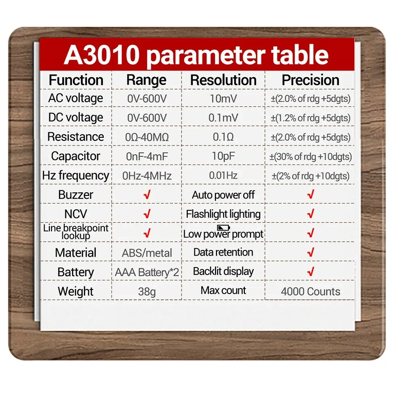 Tehnisko specifikāciju tabula automobiļu sprieguma testerim – AC/DC spriegums, pretestība, frekvence