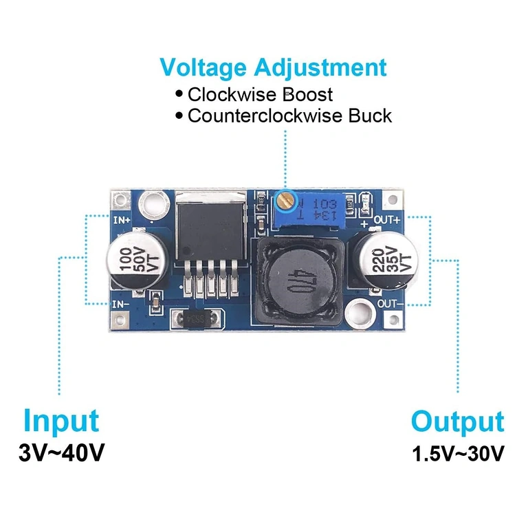 LM2596S DC-DC step-down moduļa pieslēgšanas diagramma ar 1.25–35V sprieguma regulāciju