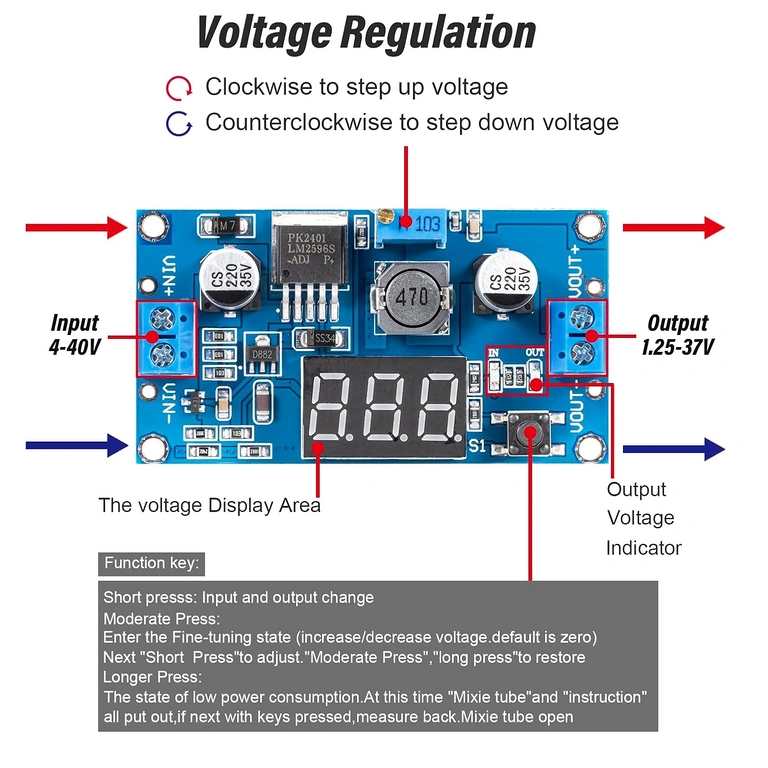 Pieslēguma piemērs LM2596 moduļa ieejai un izejai