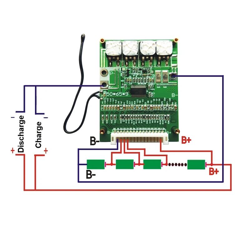 Elektriskā shēma BMS 14S 52V pieslēgšanai Li-Ion šūnām