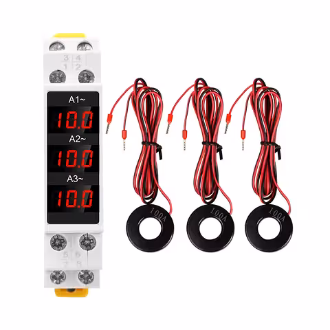Trīsfāžu digitālais ampermetrs elektroapgādes panelim – strāvas mērīšana 1-100A, uz DIN sliedes