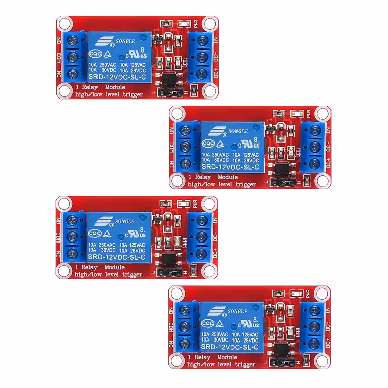 4 gabali: 5V / 12V vadības releju komplekts ar optoizolatoru – 1 kanāla modulis, NC/NO, High/Low trigera, 10A