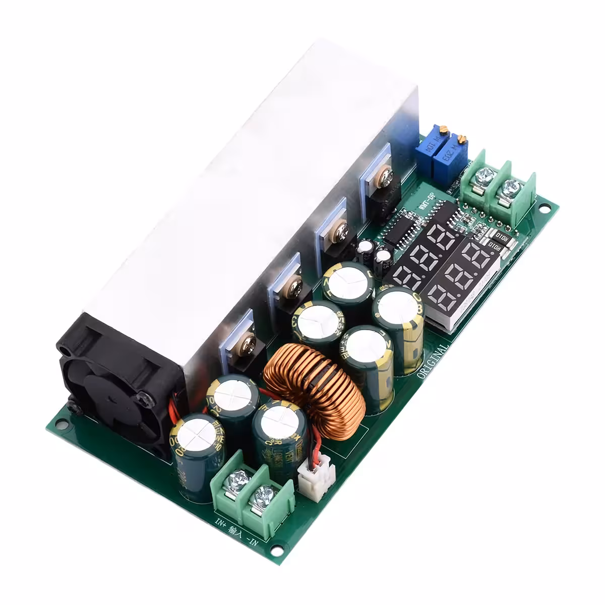 DC12-80V 20A Buck moduļa skats no apakšas