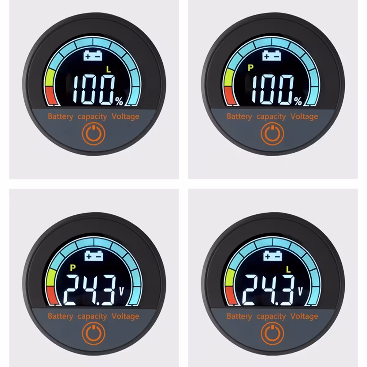 Digitālā indikatoru LCD krāsu displeja tuvplāns, sprieguma un baterijas procentu displejs, Li-ion un LiFePO4 12V–72V
