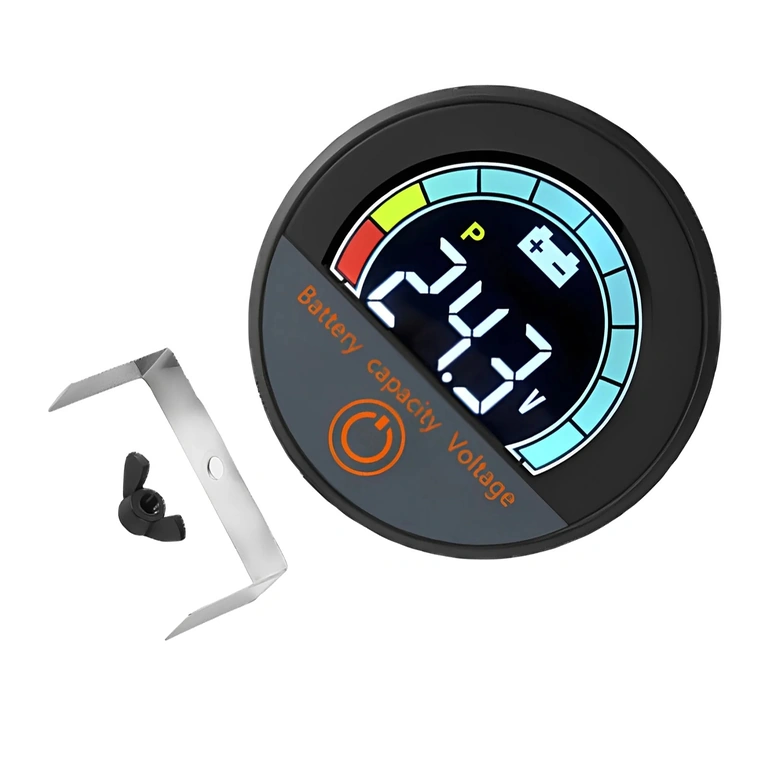 Digitālā moduļa priekšpuses skats ar baterijas procentu un voltmetru, Li-ion un LiFePO4, 12V–72V, velosipēdam, skrejritenim un elektriskajam skūterim