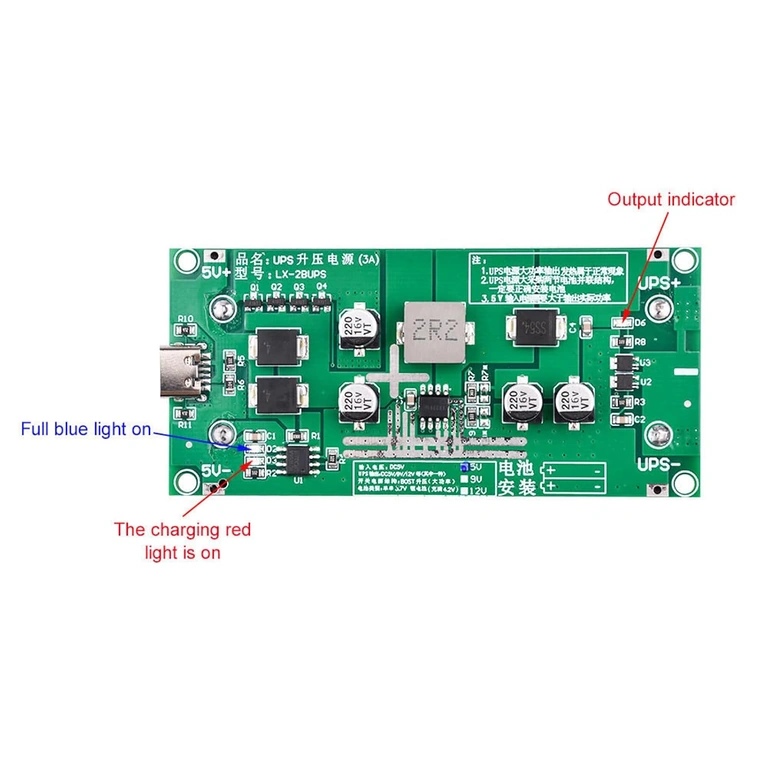Divkrāsu LED sarkanā/zaļā akumulatora un uzlādes indikācija Mini UPS modulī