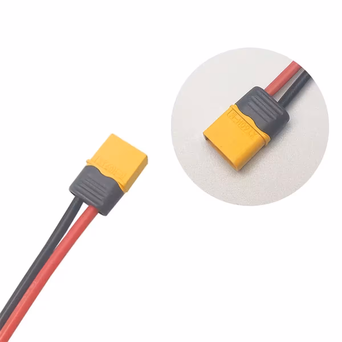 Detāls XT60 vīriešu spaiļu un 12AWG vadu savienojuma