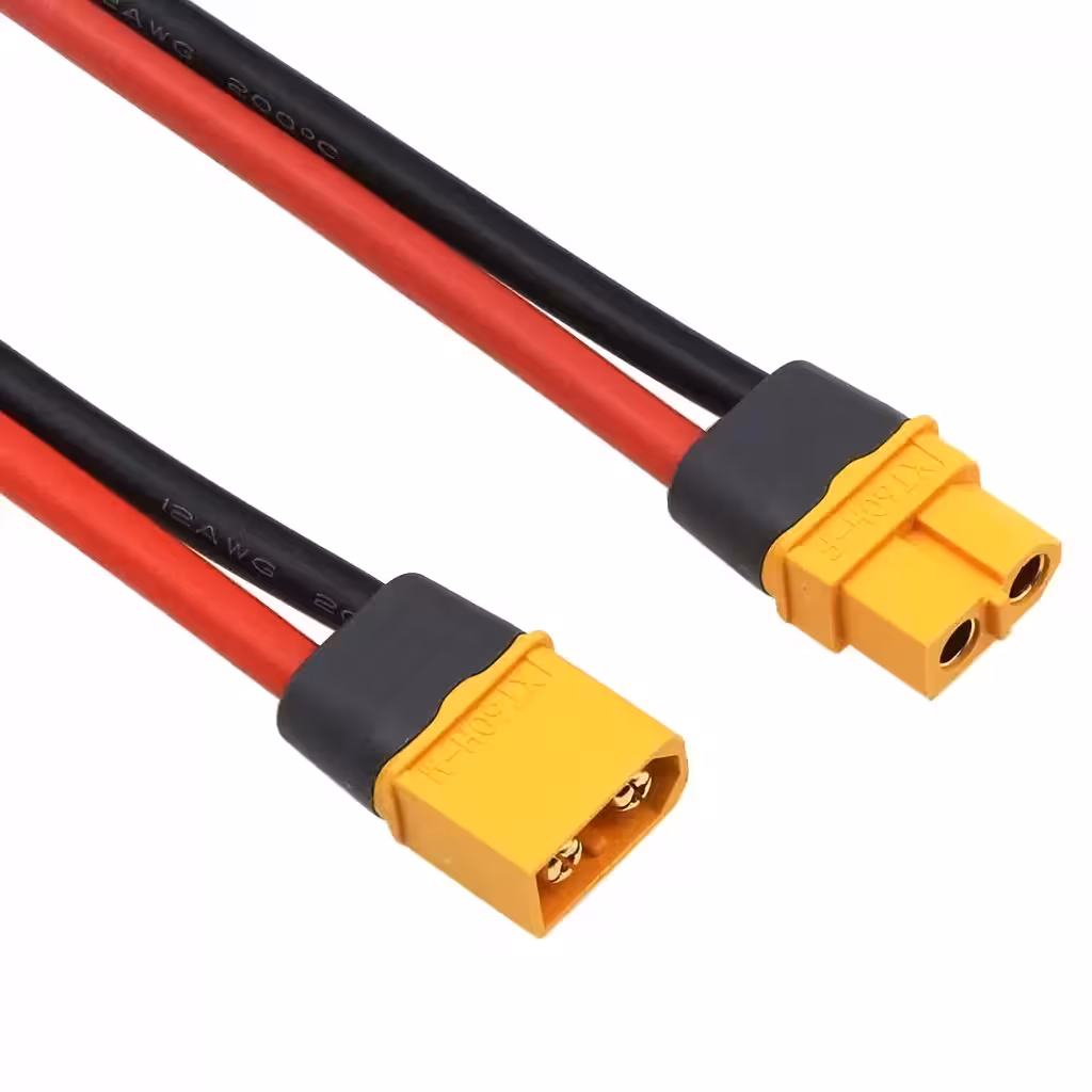 Priekšpuses skats XT60 savienotāju pāra ar 12AWG vadu