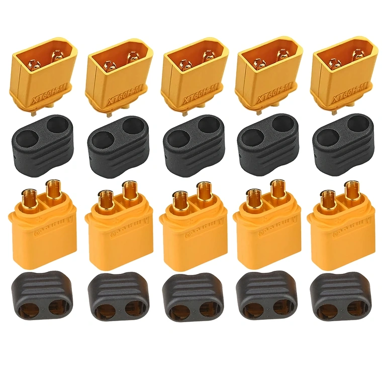 Skats no augšas uz 5 XT60H savienotāju komplektu, redzami zeltītie kontakti