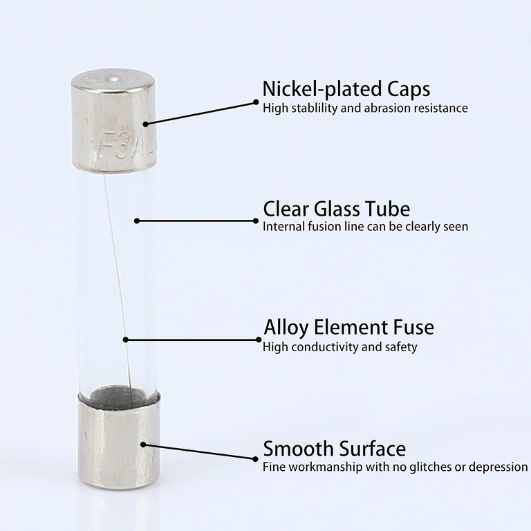 Metāla galvu detalizēts attēls stikla drošinātājam 10A 5x20 mm